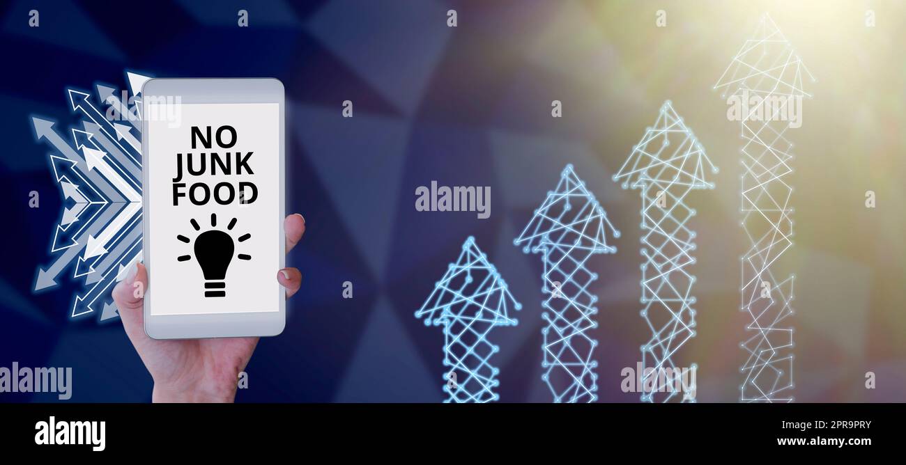Affichage conceptuel pas de nourriture Junk. Idée d'affaires Arrêter de manger des choses malsaines aller sur un régime de donner des hamburgers frites femme main tenant la tablette présentant des données et des idées pour la réussite d'affaires. Banque D'Images