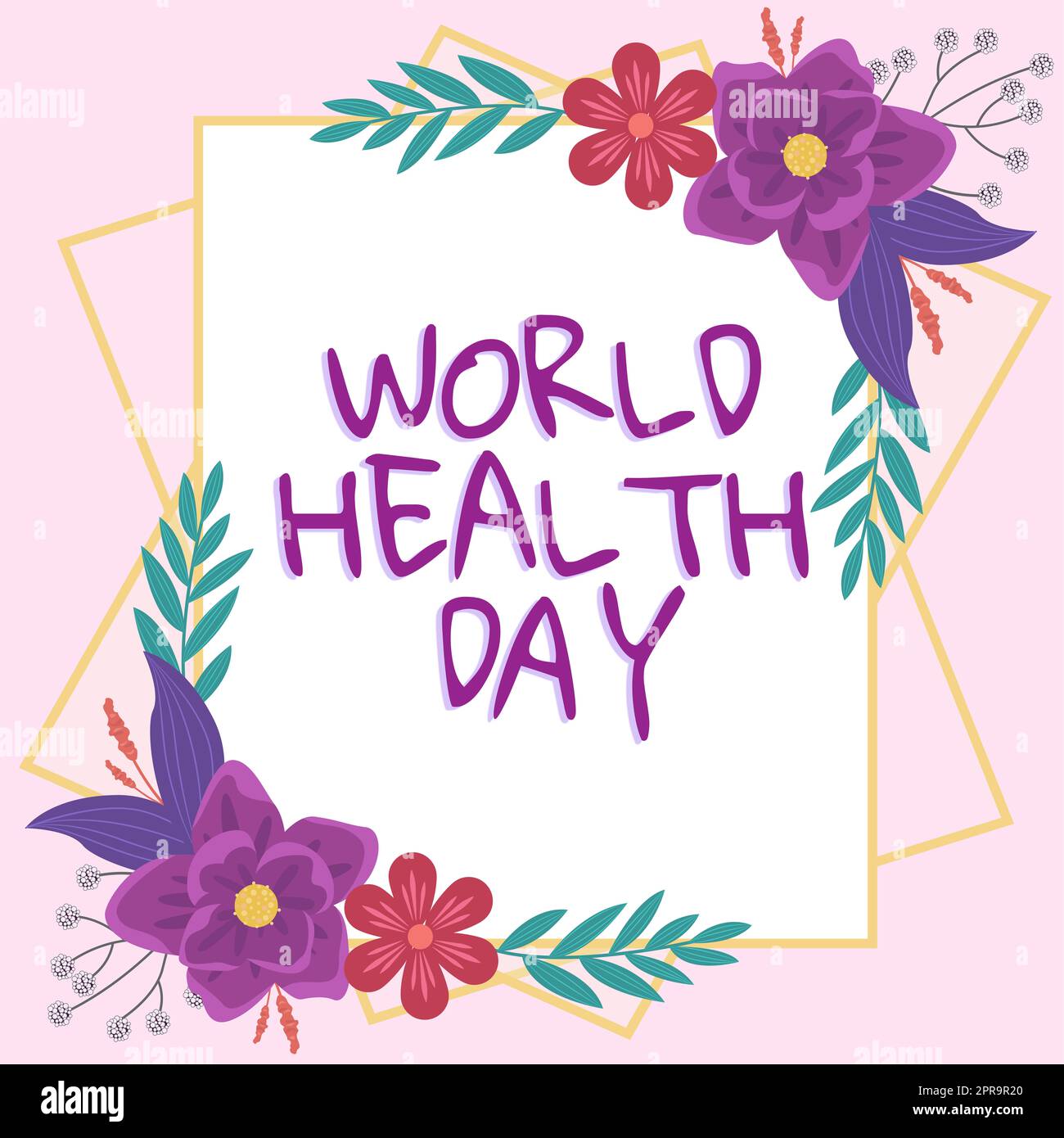 Écrire afficher le texte Journée mondiale de la santé, mot écrit sur la Journée mondiale de la santé célébrée chaque année cadre avec des feuilles et des fleurs autour et moi Banque D'Images