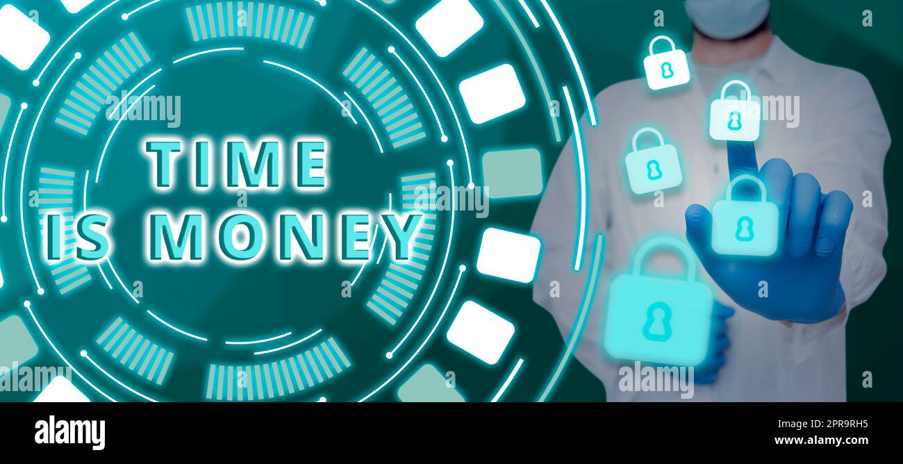 Affiche textuelle indiquant le temps, c'est de l'argent. Concept qui signifie mieux faire les choses aussi rapidement que possible ne pas retarder l'homme pointant le Smart Internet Computer Lock System gants sur les mains. Banque D'Images