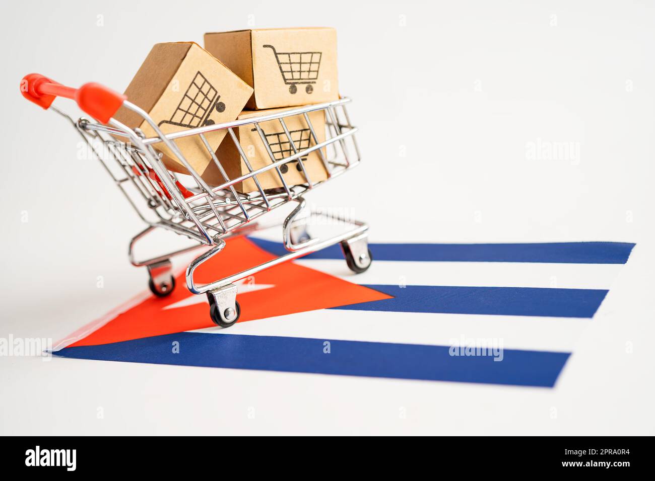 Boîte avec le logo du panier et le drapeau de la Russie, Import Export Shopping en ligne ou eCommerce service de livraison de financement magasin d'expédition de produit, commerce, concept de fournisseur. Banque D'Images