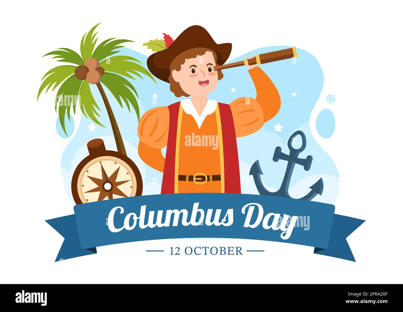 Happy Columbus Day National Holiday Illustration du dessin animé à la main avec les ondes bleues, la boussole, le navire et les drapeaux des États-Unis dans un arrière-plan de style plat Banque D'Images