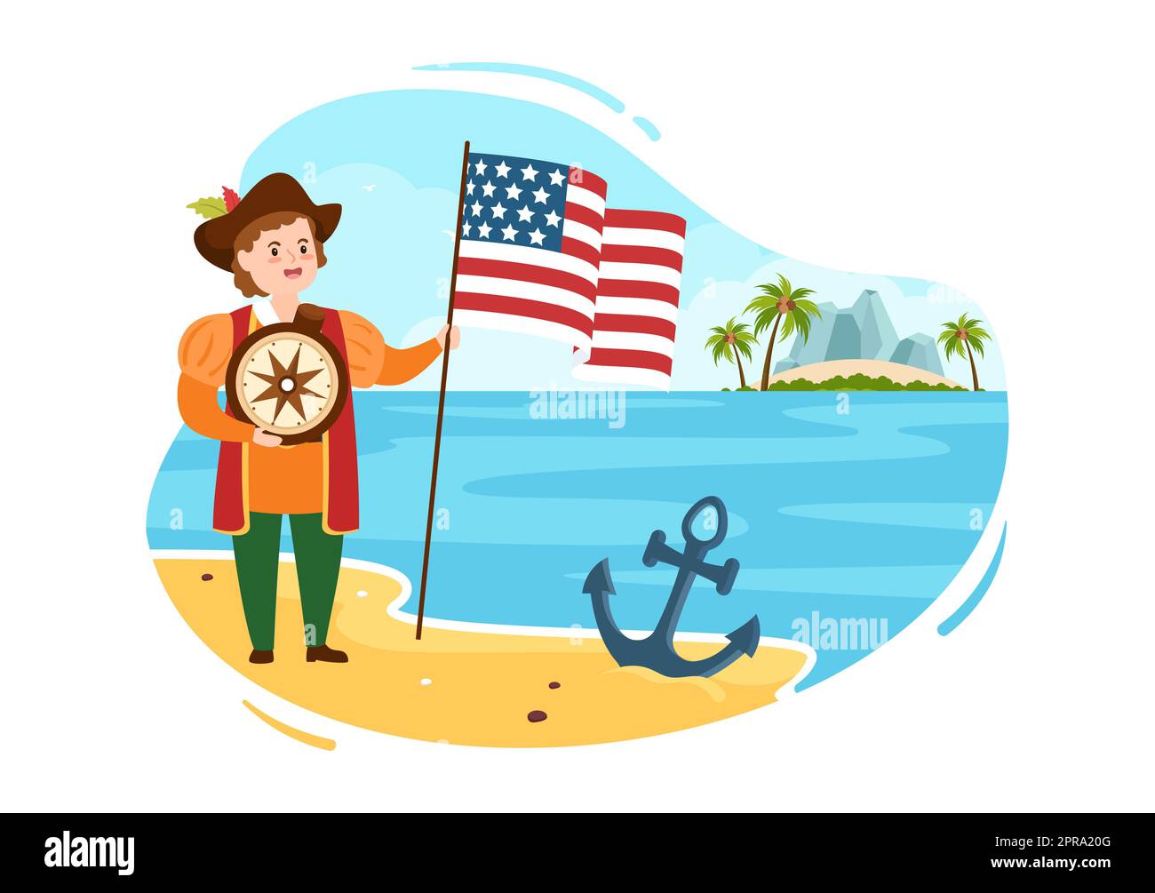 Happy Columbus Day National Holiday Illustration du dessin animé à la main avec les ondes bleues, la boussole, le navire et les drapeaux des États-Unis dans un arrière-plan de style plat Banque D'Images