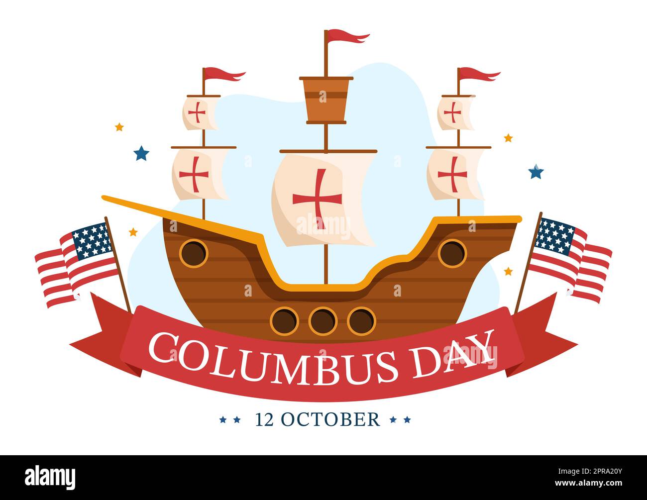 Happy Columbus Day National Holiday Illustration du dessin animé à la main avec les ondes bleues, la boussole, le navire et les drapeaux des États-Unis dans un arrière-plan de style plat Banque D'Images