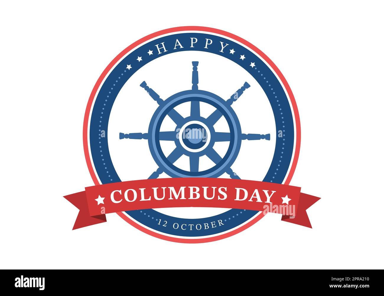 Happy Columbus Day National Holiday Illustration du dessin animé à la main avec les ondes bleues, la boussole, le navire et les drapeaux des États-Unis dans un arrière-plan de style plat Banque D'Images