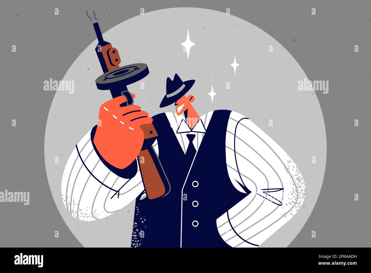 Gangster souriant en costume tenant le pistolet dans les mains qui ont l'air frais. Joyeux homme criminel dans des vêtements de style occidental. Crime et mafia. Illustration vectorielle. Banque D'Images