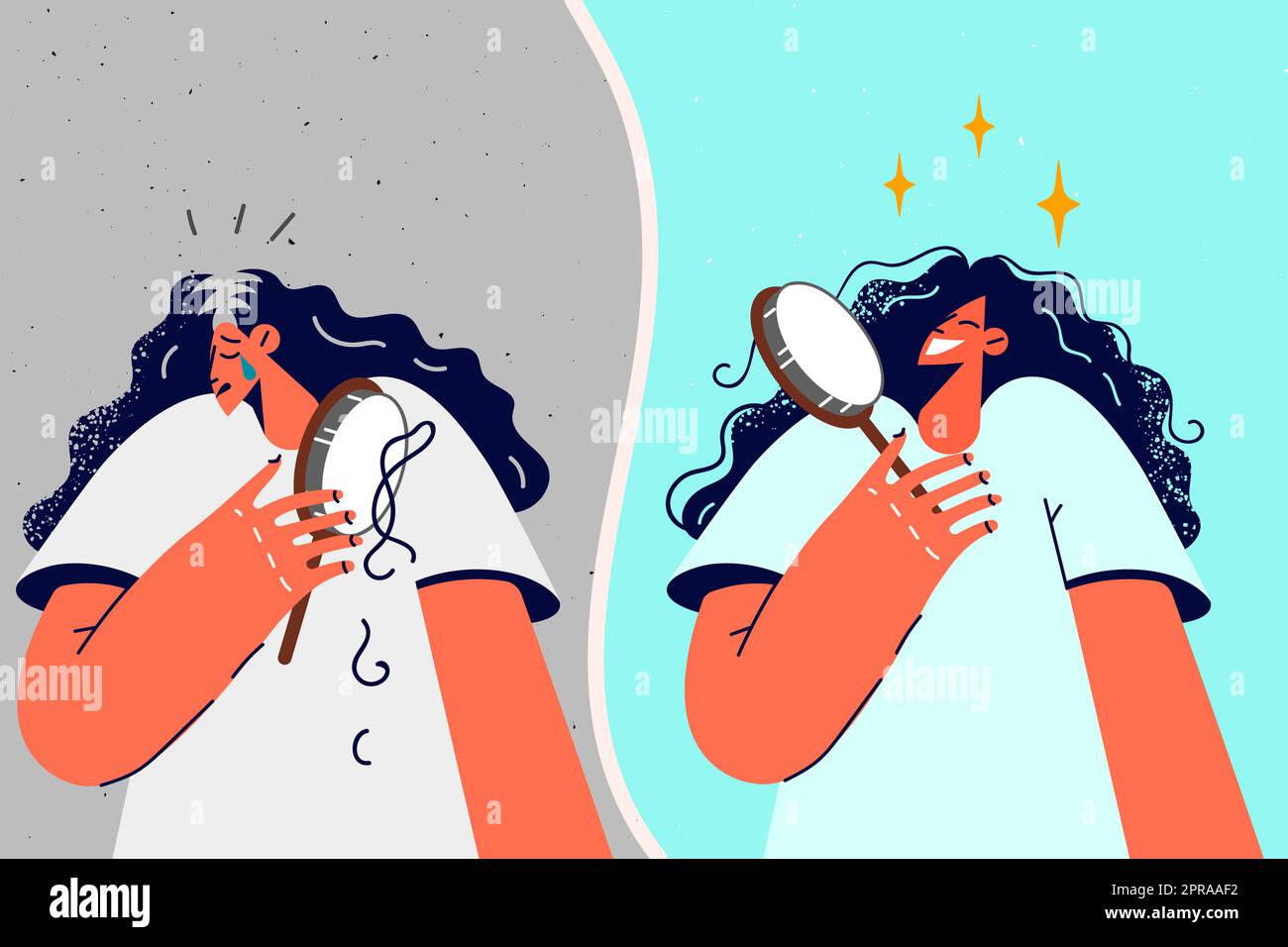 Femme avant et après le traitement des cheveux. La cliente féminine montre les résultats des procédures pour le soin des cheveux. Beauté et hygiène. Illustration vectorielle. Banque D'Images Femme avant et après le traitement des cheveux. La cliente féminine montre les résultats des procédures pour le soin des cheveux. Beauté et hygiène. Illustration vectorielle. Banque D'Images