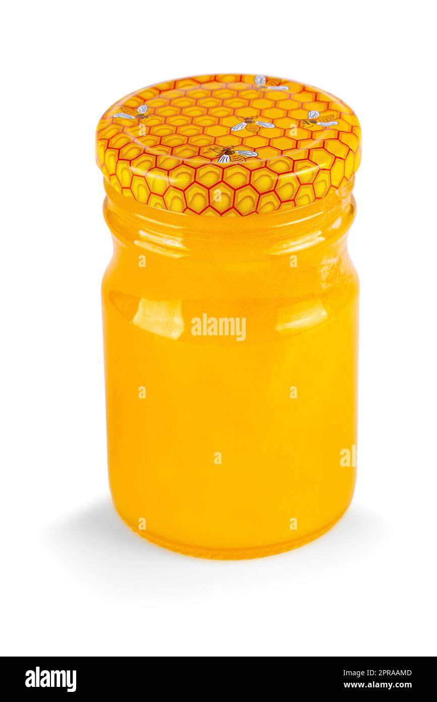 Pot de miel isolé sur fond blanc Banque D'Images