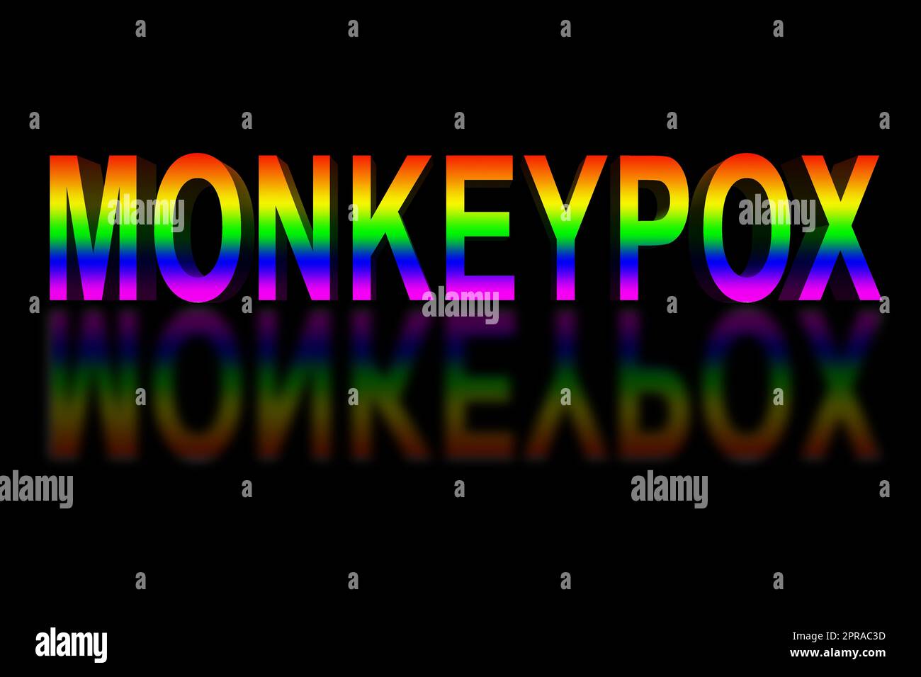 L'inscription Monkeypox sur fond de miroir noir peint dans les couleurs du drapeau des communautés LGBTQ. Banque D'Images
