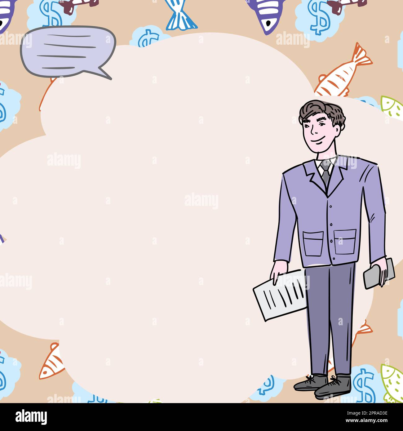 Cadre en tenue debout uniforme téléphone et table à carreaux. Homme d'affaires en costume regardant l'espace de texte avec le poisson, les panneaux de devise et Speach Cloud en arrière-plan Banque D'Images