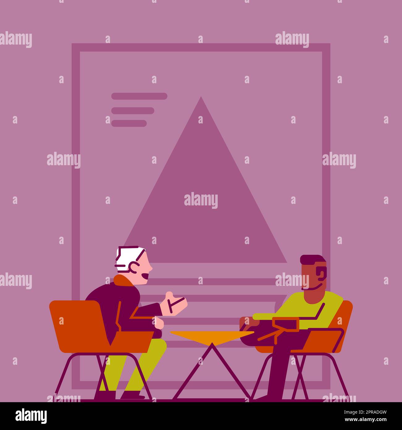 Illustration d'hommes d'affaires assis sur des chaises parlant de Nouvelle annonce étonnante. Deux hommes dessin au repos parler et partager les vieilles idées merveilleuses. Banque D'Images