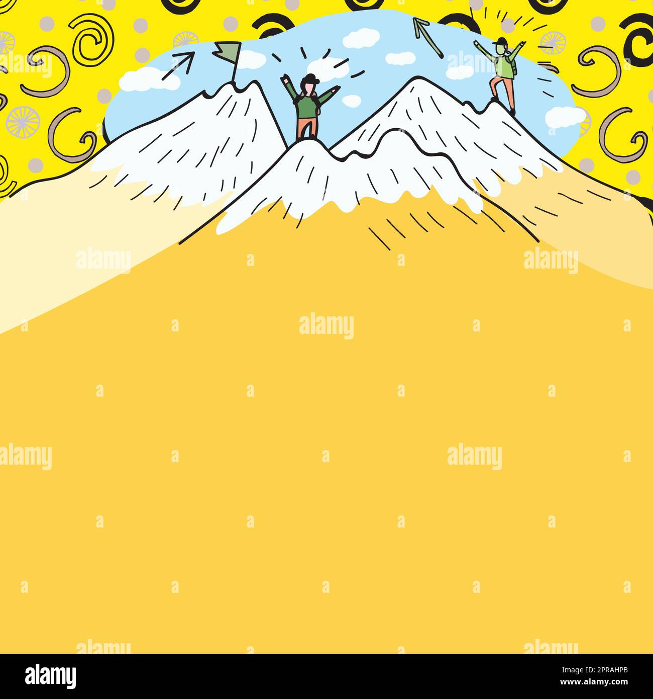 Message présenté sous les hommes randonnée au sommet des montagnes avec neige. Deux randonneurs grimpant sur les falaises pour atteindre Un but. Grimpeurs qui monte avec des nuages en arrière-plan. Illustration de Vecteur