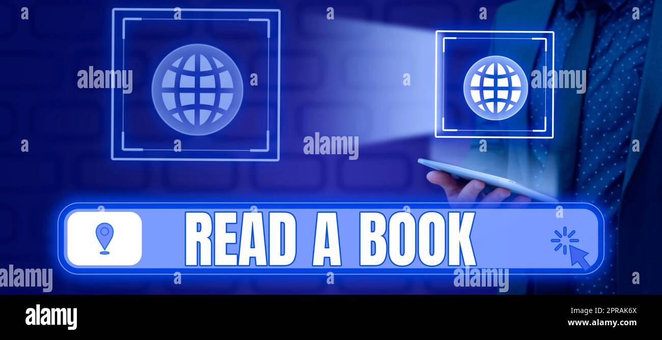 Écriture affichage de texte Lire Un livre. Littérature Word for Enjouy activité traditionnelle apprendre de nouvelles choses homme d'affaires avec tablette présentant le système graphique de positionnement global. Banque D'Images