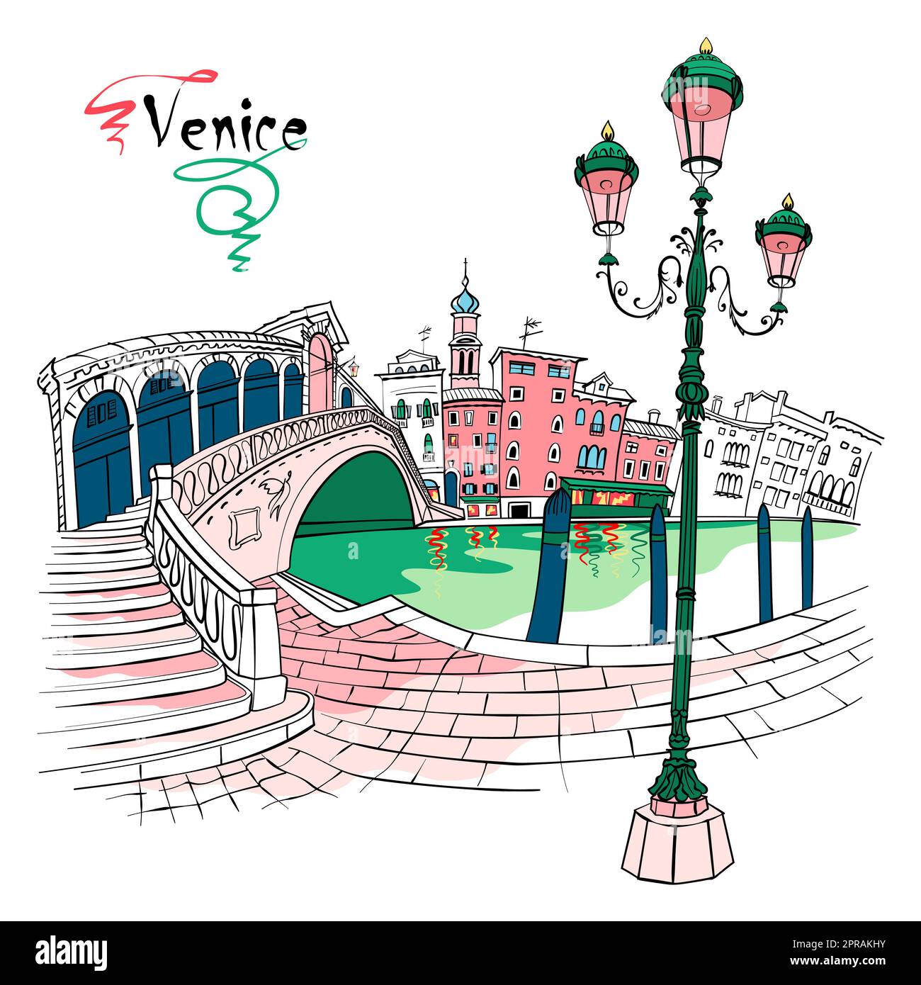 Vector, rue vénitienne typique et pont du Rialto au-dessus du Grand Canal à Venise, Italie. Banque D'Images