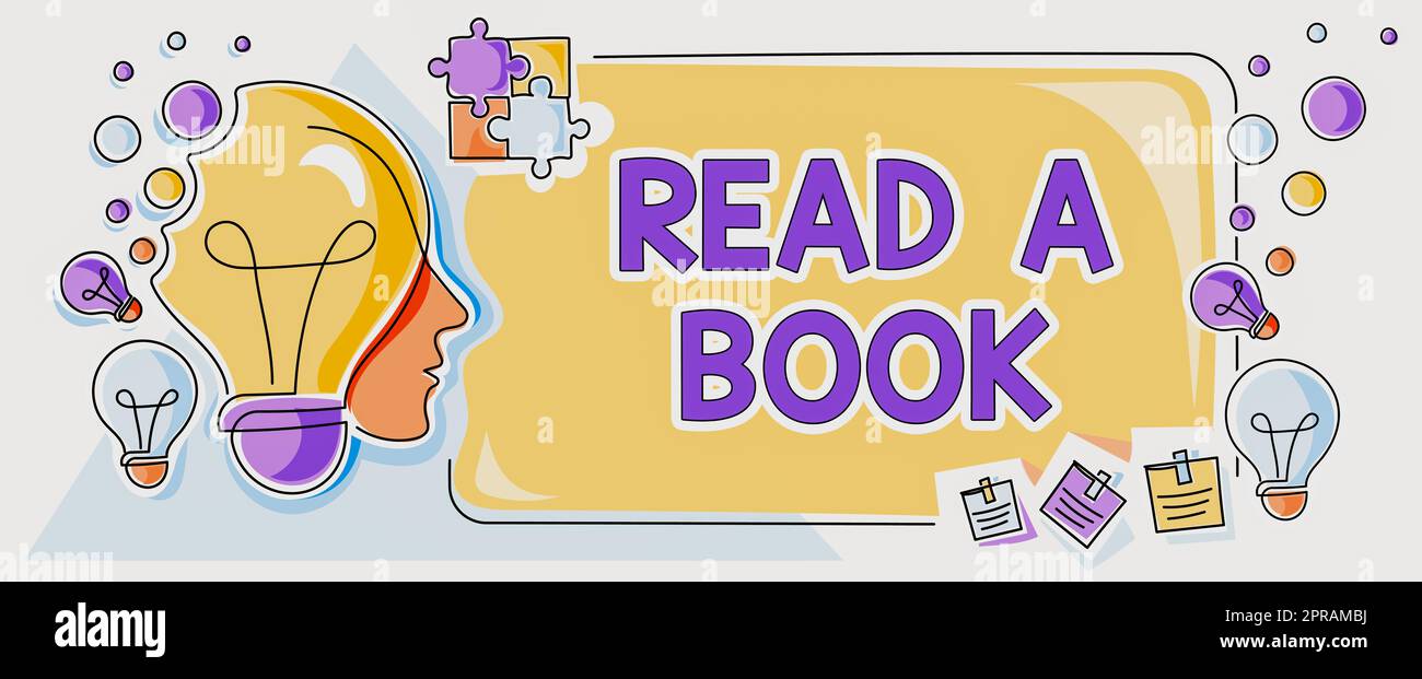 Signe écrit à la main Lire Un livre. Concept d'affaires Profitez de la littérature activité traditionnelle apprendre de nouvelles choses Homme avec ampoules et Puzzle pièces autour de penser de nouvelles idées. Banque D'Images