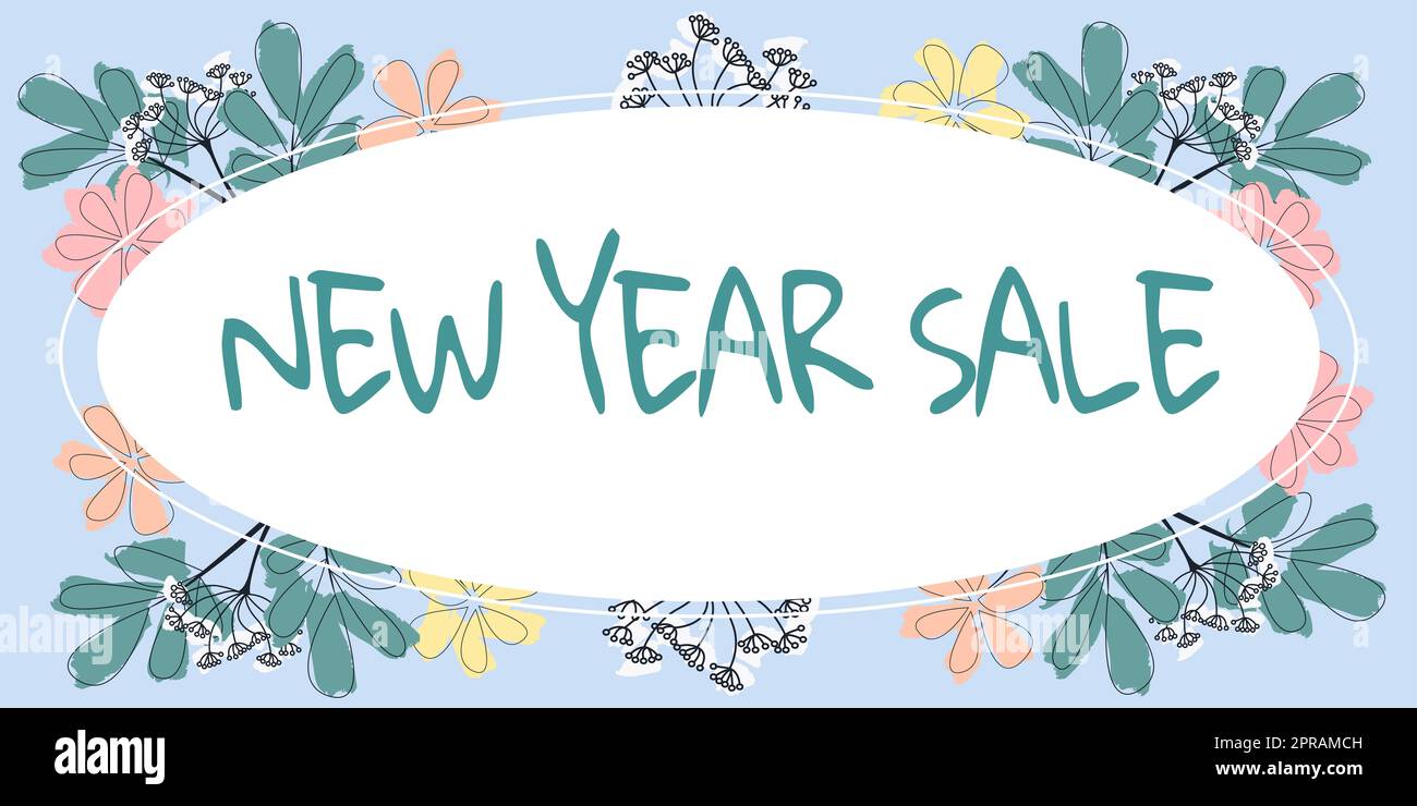 Légende du texte présentant les soldes du nouvel an. Photo conceptuelle réductions finales de saison des fêtes réductions de prix Offres cadre avec feuilles et fleurs autour et annonces importantes à l'intérieur. Banque D'Images