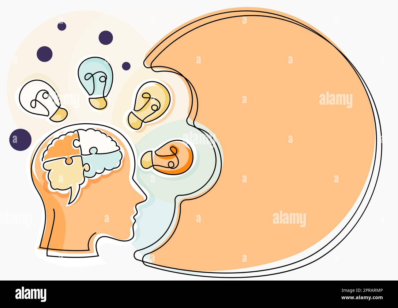 Homme avec un cerveau perplexe penser de nouvelles idées brillantes montrées sur le tableau de présentation. Homme d'affaires présentant des informations récentes. Cadre avec des ampoules autour des concepts de raisonnement. Banque D'Images