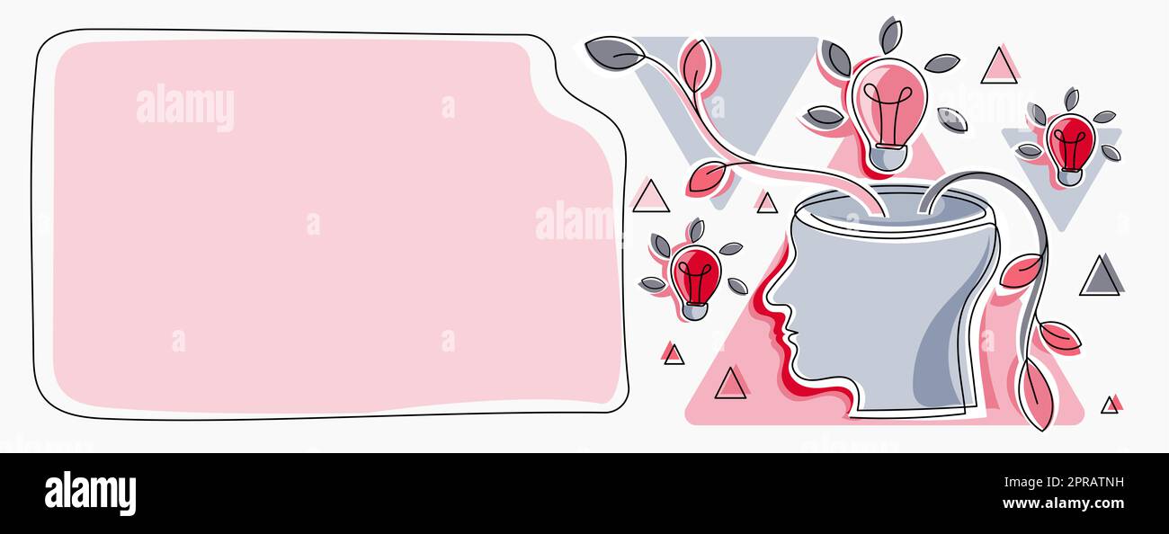 Homme pensant de nouvelles idées brillantes montrées sur le tableau de présentation. Homme d'affaires présentant des informations importantes récentes. Cadre avec des ampoules autour de Head Reasoning concepts. Banque D'Images