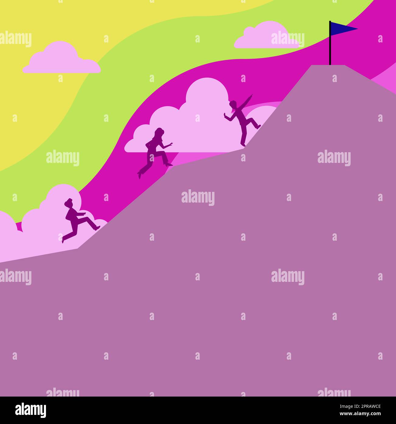 L'équipe d'affaires escalade sur la montagne pour atteindre l'objectif. Groupe de personnes qui sautent sur la colline pour attraper Un drapeau sur le dessus. Hommes et femme randonnée avec des nuages dans le ciel avec de nouvelles idées écrites sous. Banque D'Images