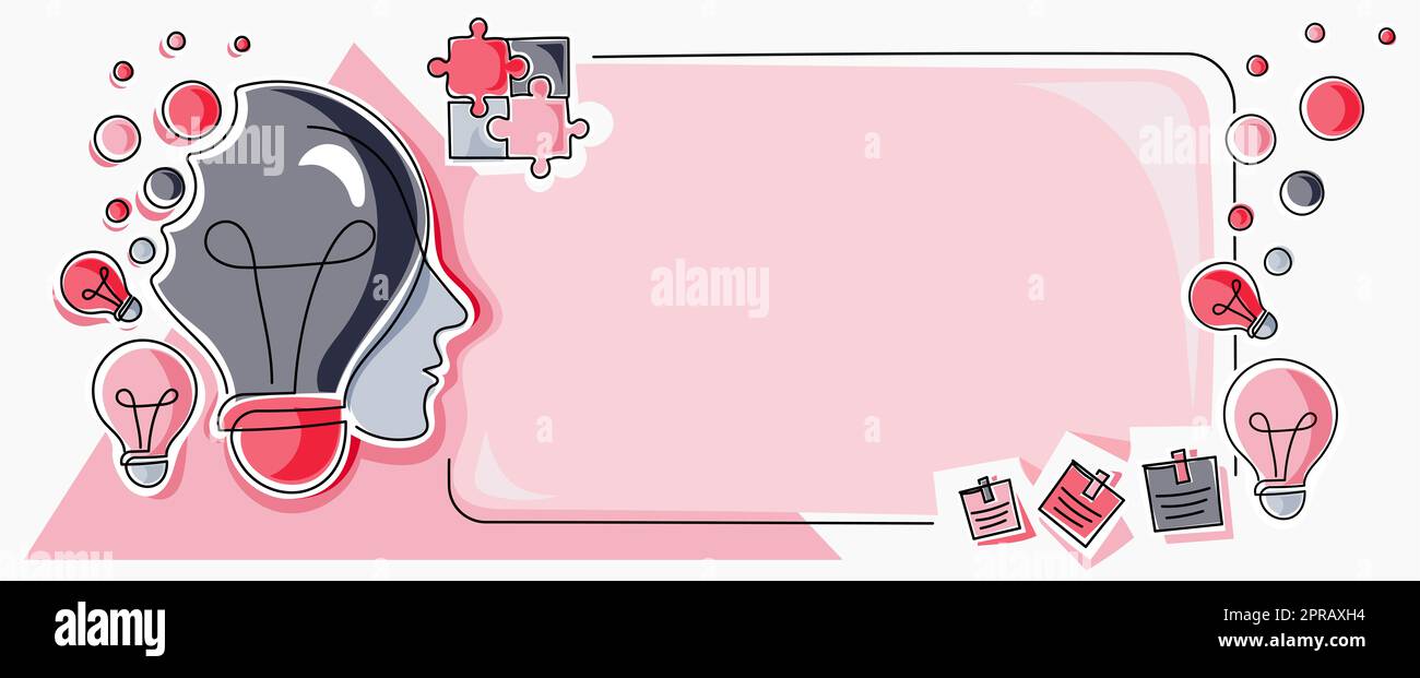 Homme avec des ampoules et des pièces de puzzle autour de penser de nouvelles idées. Raisonnement de l'homme d'affaires informations importantes sur le tableau de présentation. La direction présente les dernières mises à jour. Banque D'Images