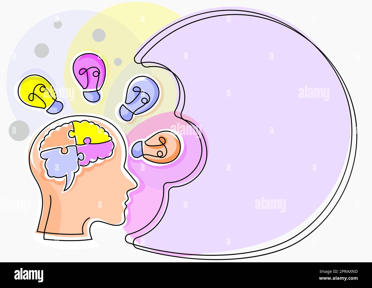 Homme avec un cerveau perplexe penser de nouvelles idées brillantes montrées sur le tableau de présentation. Homme d'affaires présentant des informations récentes. Cadre avec des ampoules autour des concepts de raisonnement. Banque D'Images