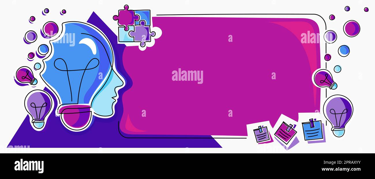 Homme avec des ampoules et des pièces de puzzle autour de penser de nouvelles idées. Raisonnement de l'homme d'affaires informations importantes sur le tableau de présentation. La direction présente les dernières mises à jour. Banque D'Images