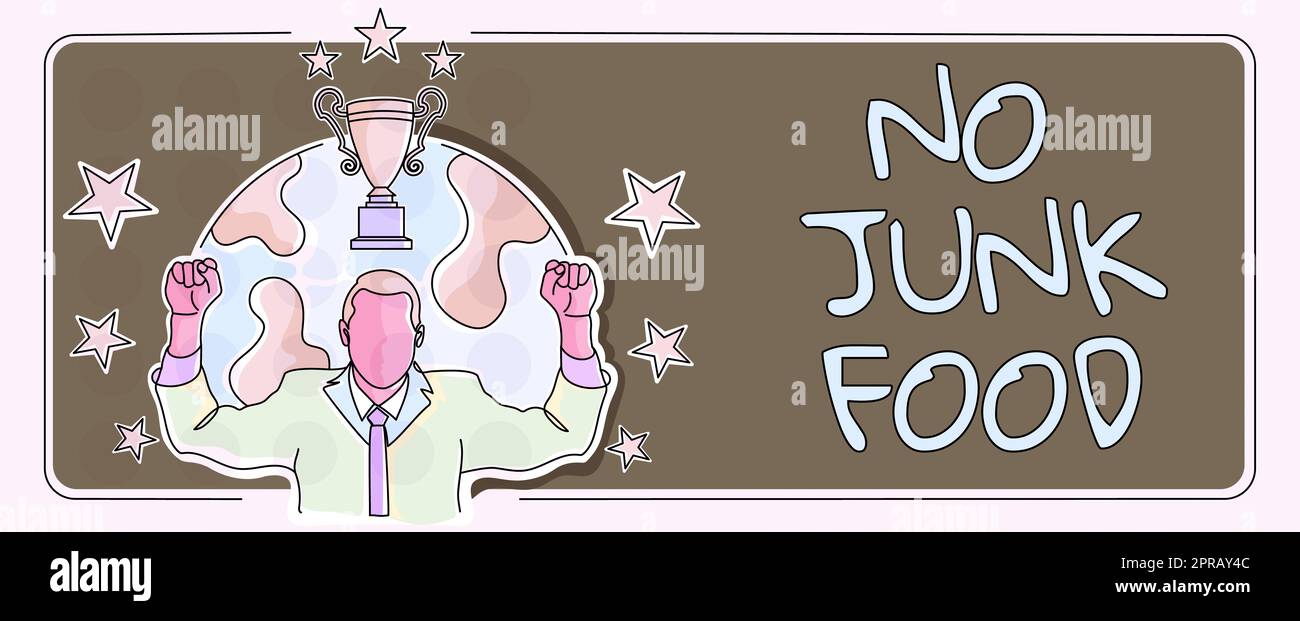 Inspiration montrant le panneau No Junk Food. Concept d'affaires Arrêter de manger des choses malsaines aller sur un régime de renoncer burgers frites homme d'affaires célébrant succès projet réalisation d'objectif. Banque D'Images