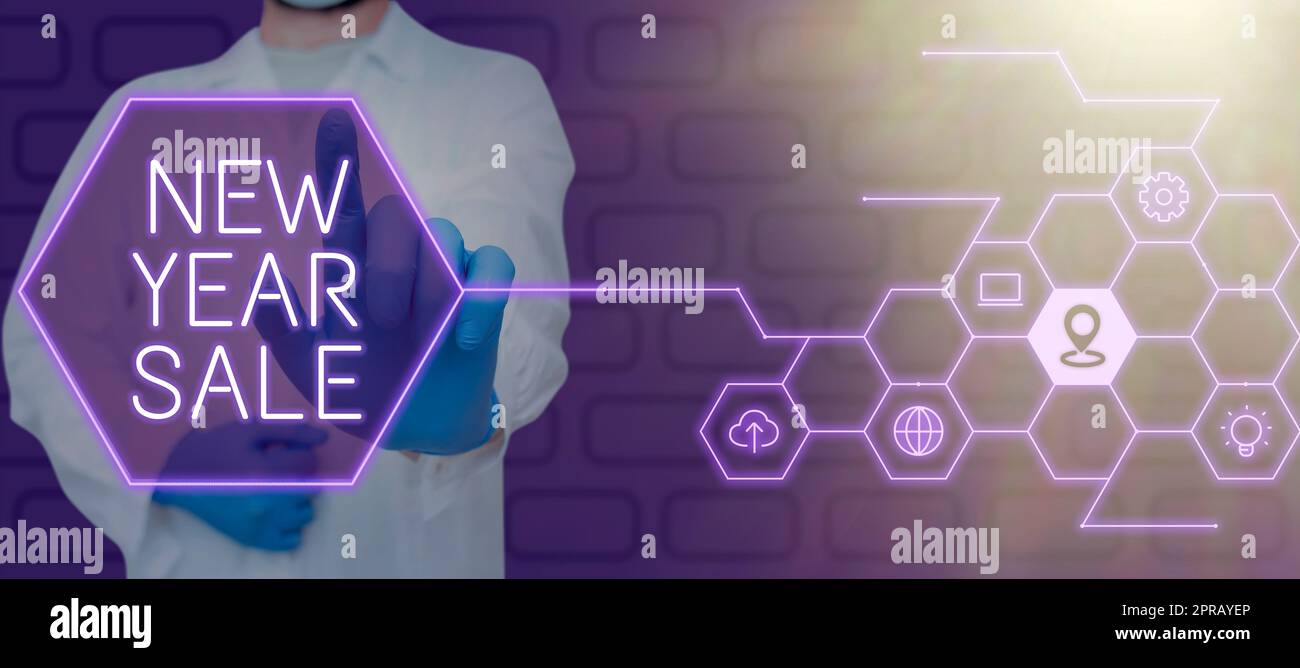 Texte présentant les soldes de la nouvelle année inspiration. Approche d'affaires réductions finales de saison des fêtes réductions de prix offre Doctor pointant avec un doigt sur le signe et présentant des idées crutiales. Banque D'Images