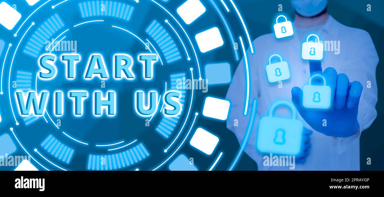 Affiche commencer avec nous. Présentation commerciale commencez par l'invitation de notre entreprise à rejoindre un homme en équipe qui montre les gants Smart Internet Computer Lock System. Banque D'Images