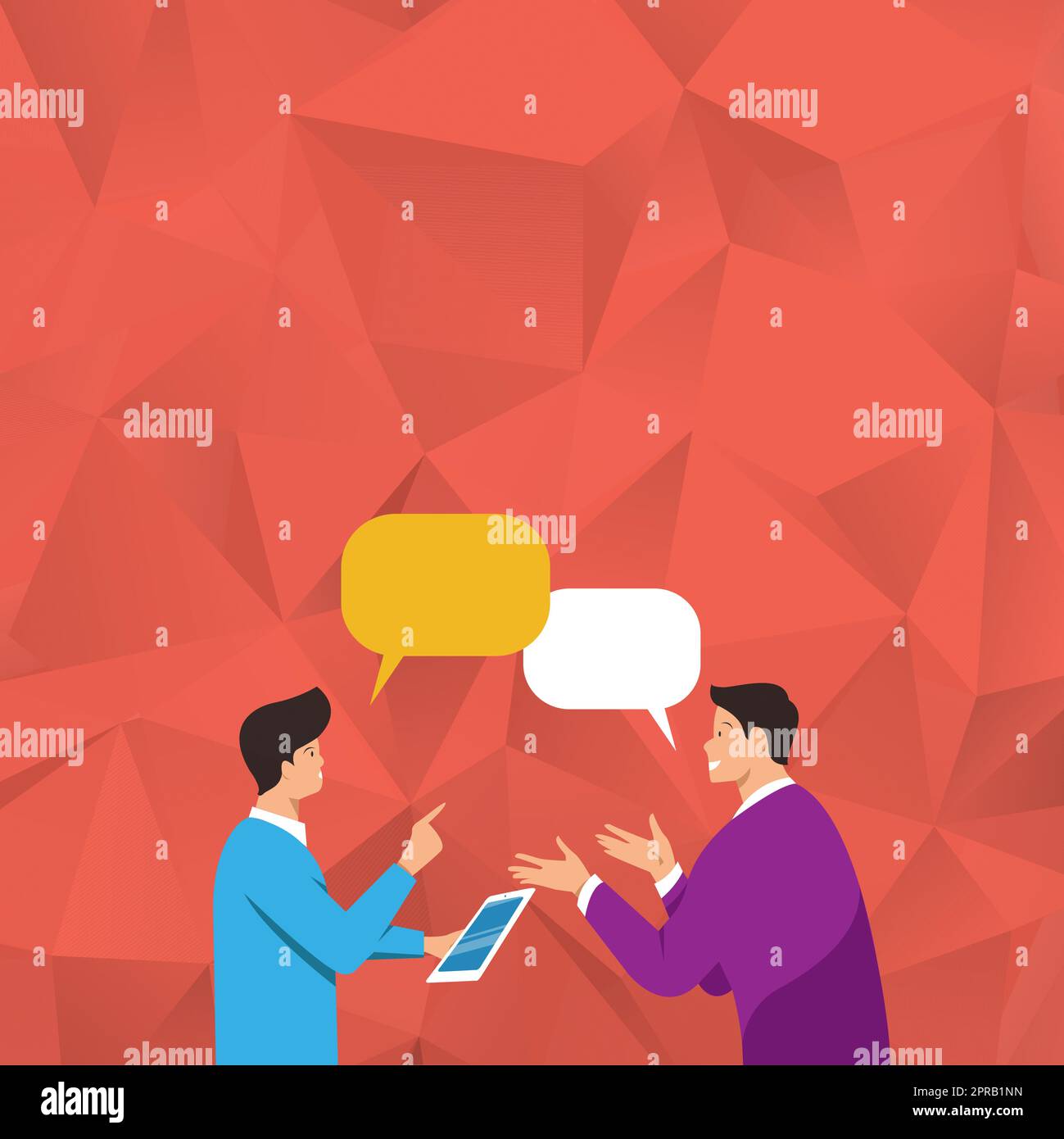 Deux collègues hommes debout partageant des pensées avec des bulles de parole.Les coéquipiers partagent de nouvelles histoires de réussite au travail en ayant des bulles de conversation. Illustration de Vecteur