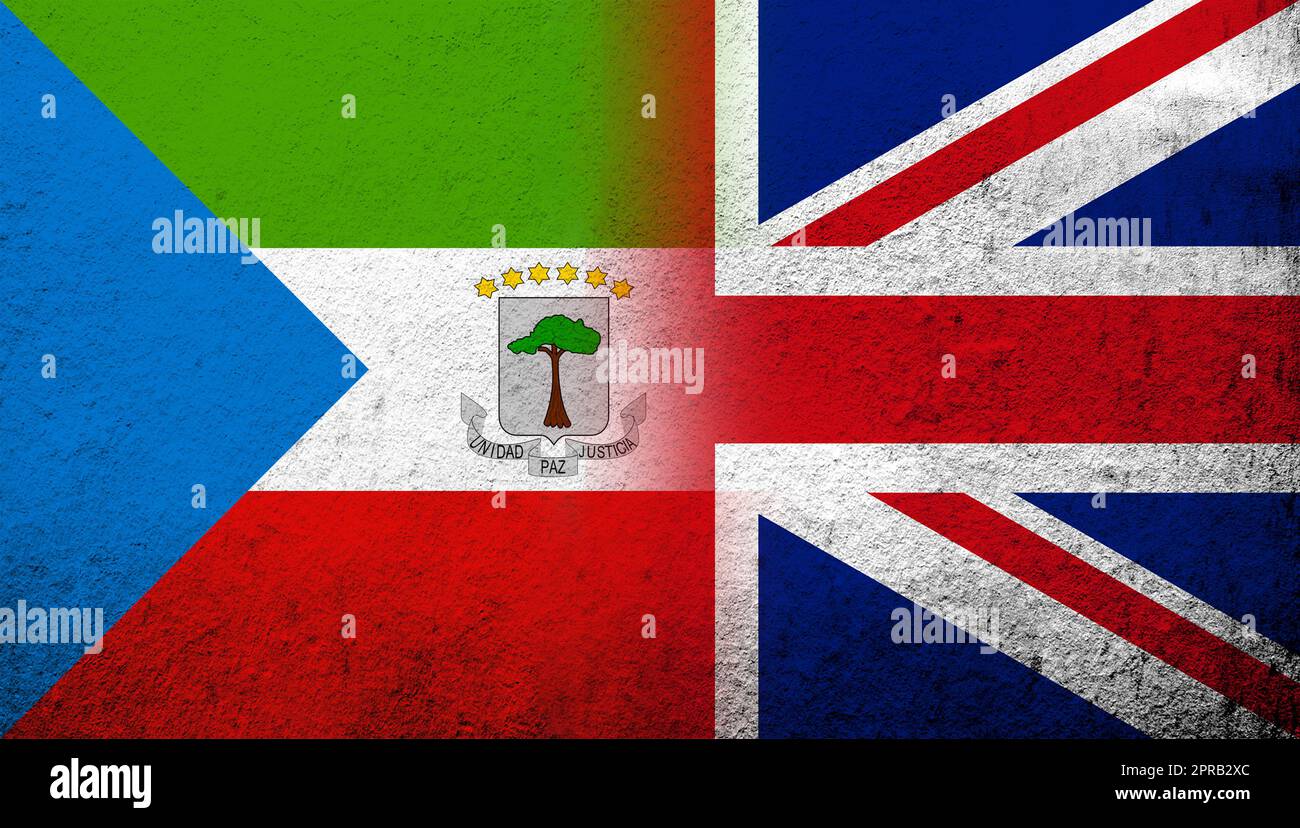 Drapeau national du Royaume-Uni (Grande-Bretagne) Union Jack avec Guinée équatoriale drapeau national. Grunge l'arrière-plan Banque D'Images