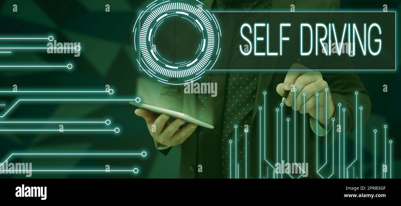 Inspiration montrant le signe de conduite autonome. Mot pour véhicule autonome capacité à naviguer sans intervention humaine dessin de l'homme numérique et de présenter des stratégies importantes. Banque D'Images