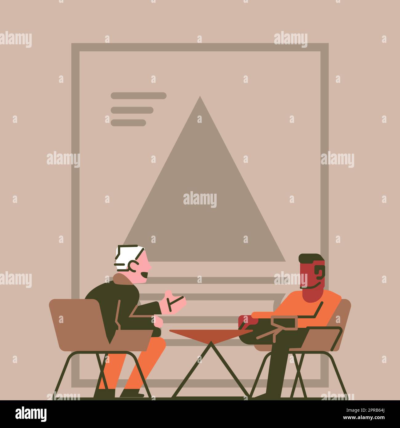 Illustration d'hommes d'affaires assis sur des chaises parlant de Nouvelle annonce étonnante. Deux hommes dessin au repos parler et partager les vieilles idées merveilleuses. Banque D'Images