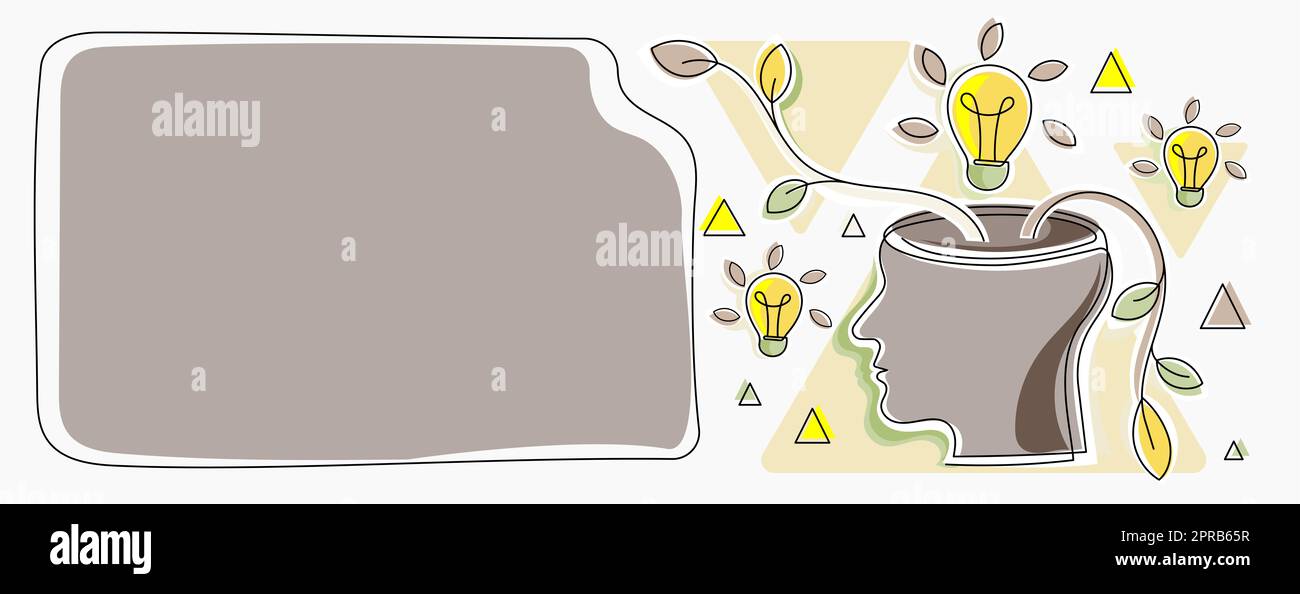 Homme pensant de nouvelles idées brillantes montrées sur le tableau de présentation. Homme d'affaires présentant des informations importantes récentes. Cadre avec des ampoules autour de Head Reasoning concepts. Banque D'Images