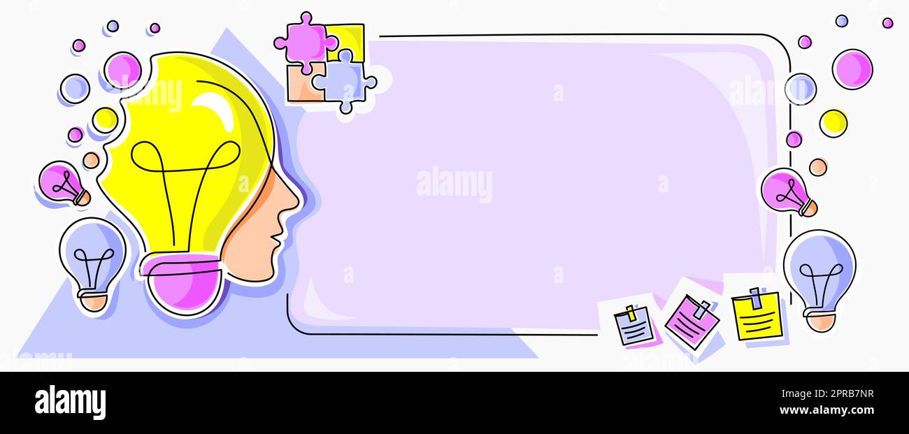 Homme avec des ampoules et des pièces de puzzle autour de penser de nouvelles idées. Raisonnement de l'homme d'affaires informations importantes sur le tableau de présentation. La direction présente les dernières mises à jour. Banque D'Images