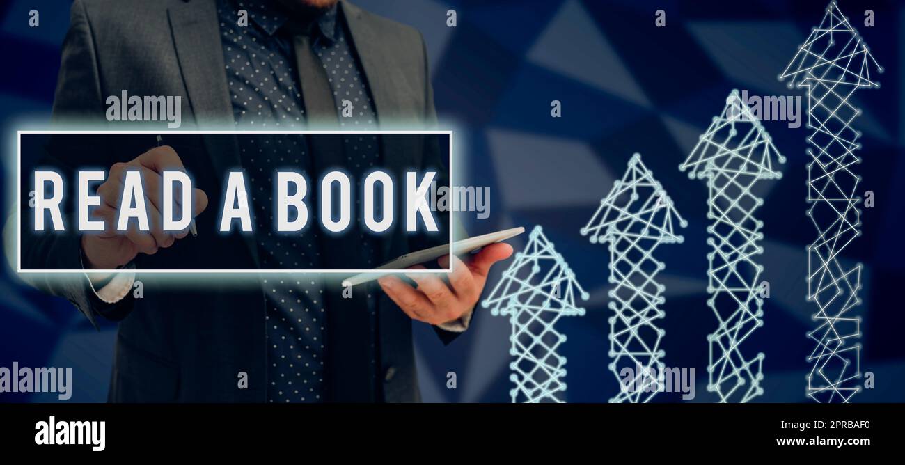 Texte d'écriture Lire Un livre. Littérature Word for Enjouy activité traditionnelle Apprenez de nouvelles choses homme d'affaires avec Tablet Drawing Box et présentant des idées commerciales cruciales. Banque D'Images