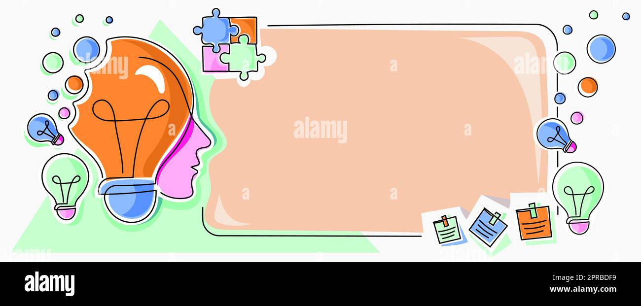 Homme avec des ampoules et des pièces de puzzle autour de penser de nouvelles idées. Raisonnement de l'homme d'affaires informations importantes sur le tableau de présentation. La direction présente les dernières mises à jour. Illustration de Vecteur
