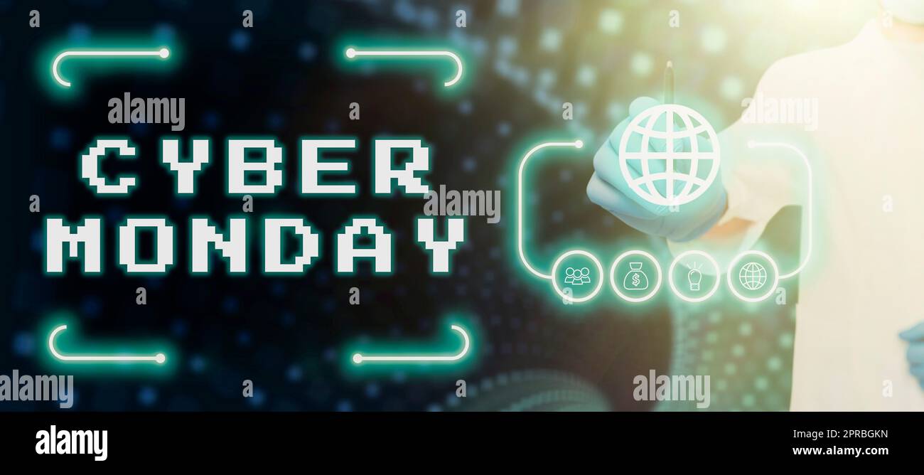 Affichage conceptuel Cyber Monday. Approche d'affaires terme de marketing pour lundi après Thanksgiving vacances aux États-Unis Docteur pointant sur le numérique S dans le cadre futuriste et présentant des idées. Banque D'Images