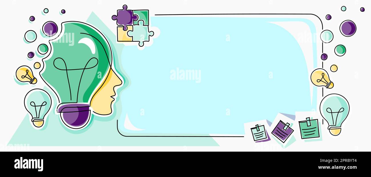 Homme avec des ampoules et des pièces de puzzle autour de penser de nouvelles idées. Raisonnement de l'homme d'affaires informations importantes sur le tableau de présentation. La direction présente les dernières mises à jour. Illustration de Vecteur