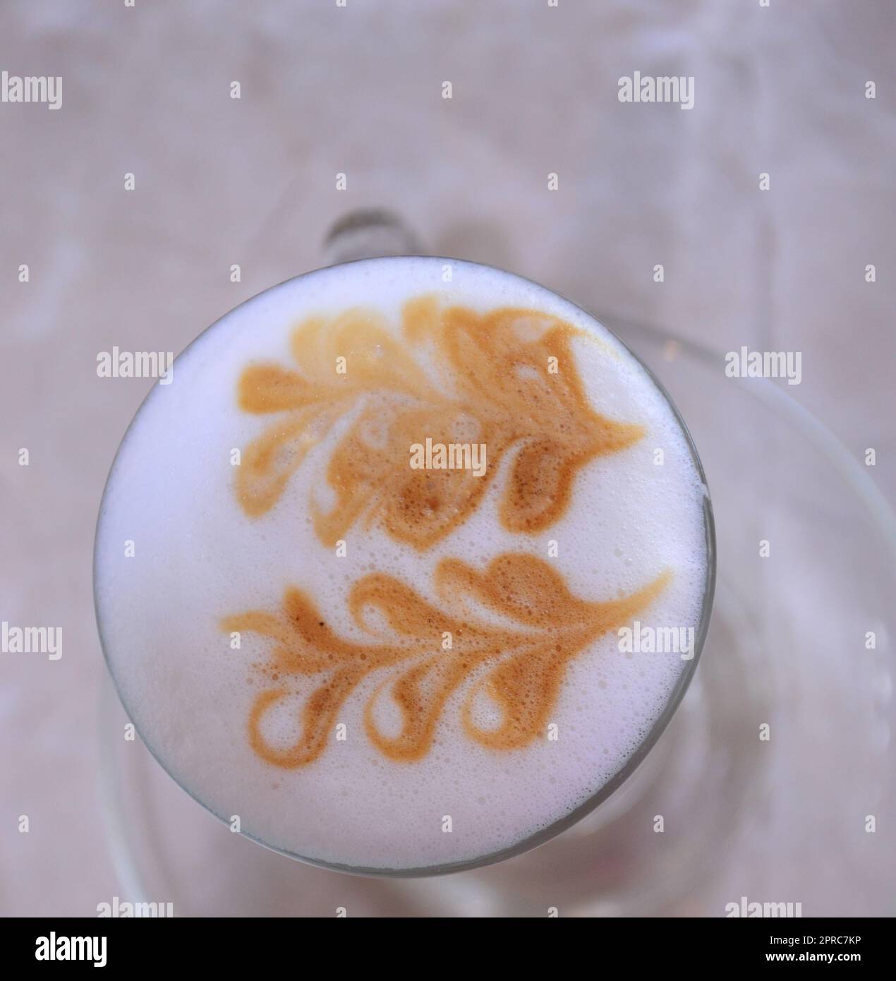 Motif de feuilles sur le dessus mousseux et laiteux d'un cappuccino, une boisson à base d'espresso Banque D'Images