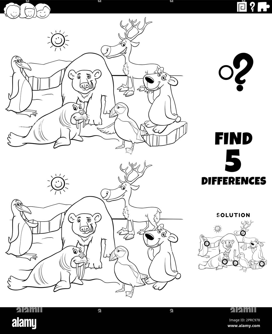 jeux de différences avec la page de coloriage d'animaux polaires de dessin animé Illustration de Vecteur