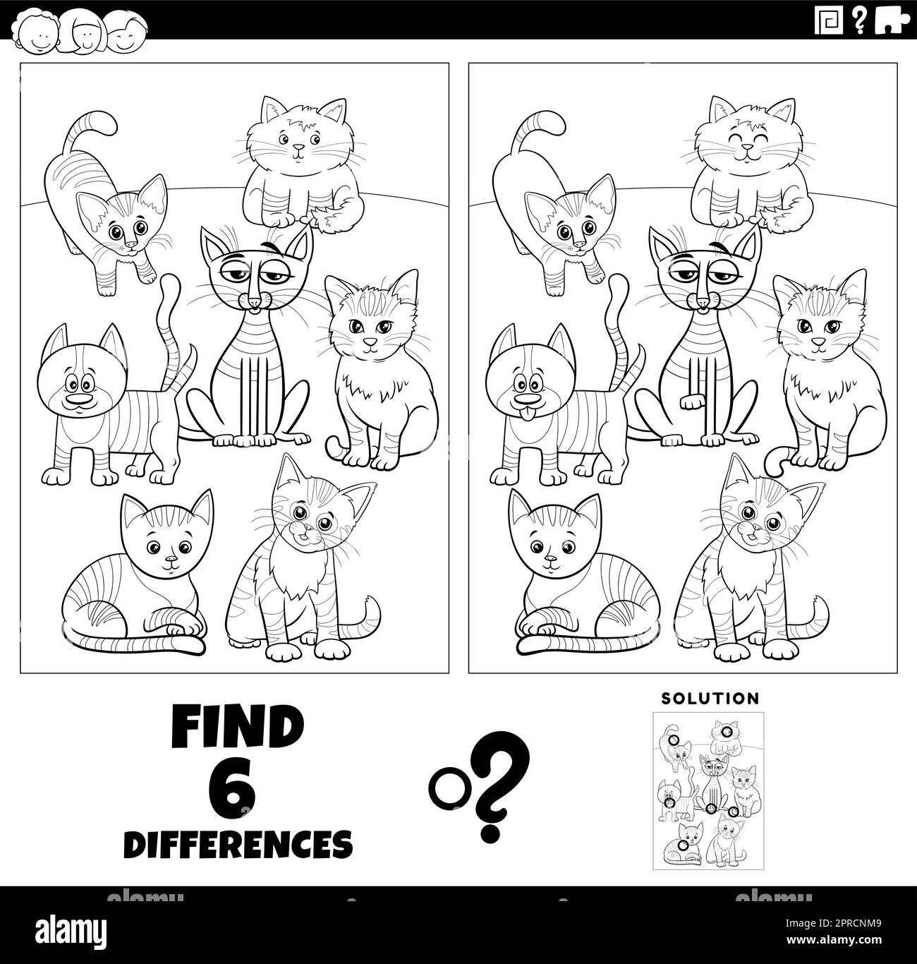 jeux de différences avec dessin animé chats coloriage page Illustration de Vecteur