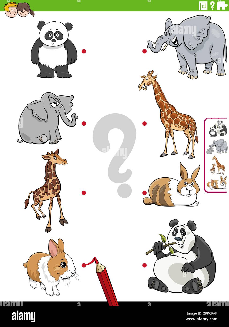 associez les animaux de la bande dessinée et leurs tâches éducatives de bébé Illustration de Vecteur