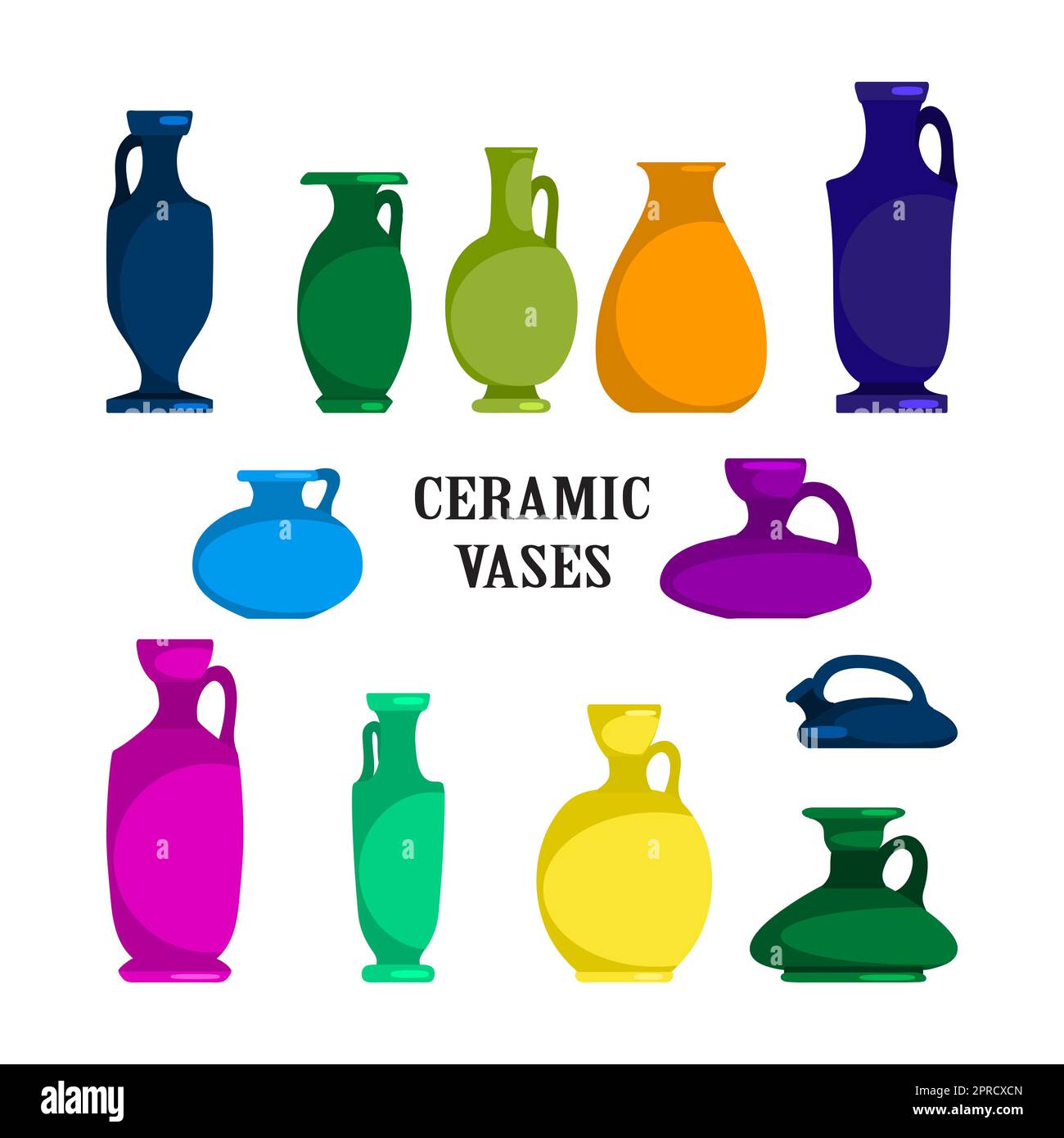 Ensemble de vases en céramique colorés. Ancien grec, jarre romaine avec deux poignées et un col étroit. Amphore vintage, trophée, pots, bouteilles, tasses isolées sur fond blanc. Illustration vectorielle Illustration de Vecteur