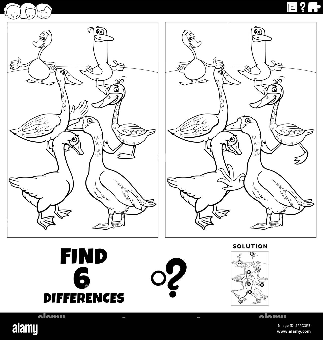 jeux de différences avec la page de coloriage des oies de dessin animé Illustration de Vecteur
