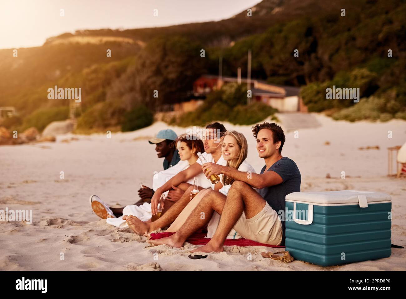 Un groupe d'amis assis ensemble sur la plage. Banque D'Images