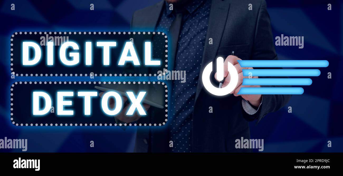 Affiche numérique Detox. Vitrine d'entreprise sans appareils électroniques déconnecter pour reconnecter homme branché tablette et stylo pointage bouton numérique et présentation des données. Banque D'Images