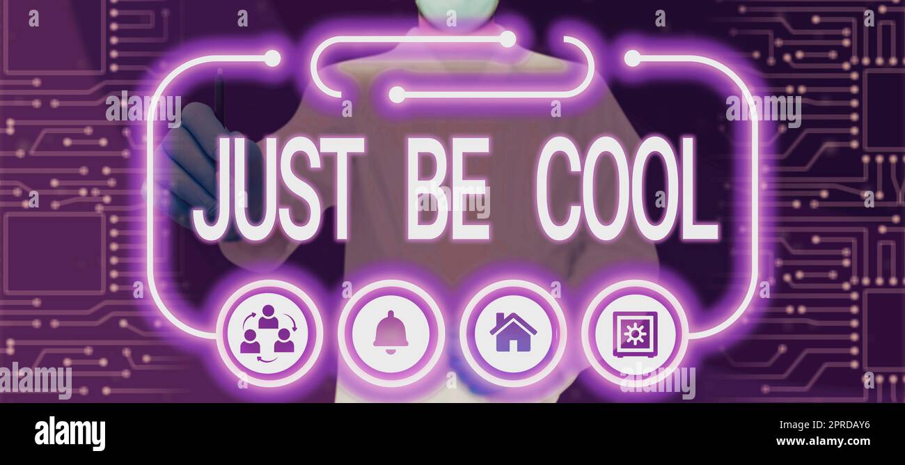 Affiche « Just be Cool ». La photo conceptuelle a une bonne attitude être détendu sourire positif vous encourager Docteur pointant sur le Digital S dans le cadre futuriste et présentant des idées. Banque D'Images