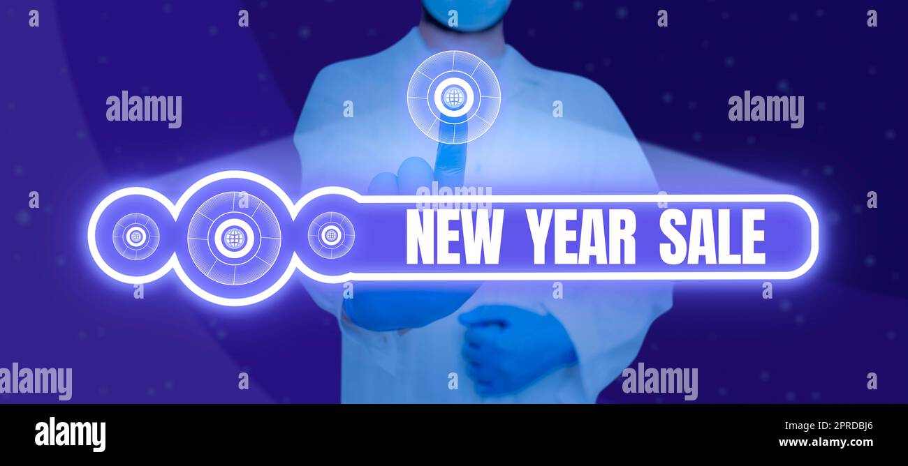 Affiche textuelle indiquant les soldes du nouvel an. Concept signification réductions de fin de saison des fêtes réductions de prix Offres Docteur pressage avec un doigt sur le signe et présentant des idées dans la barre de recherche. Banque D'Images