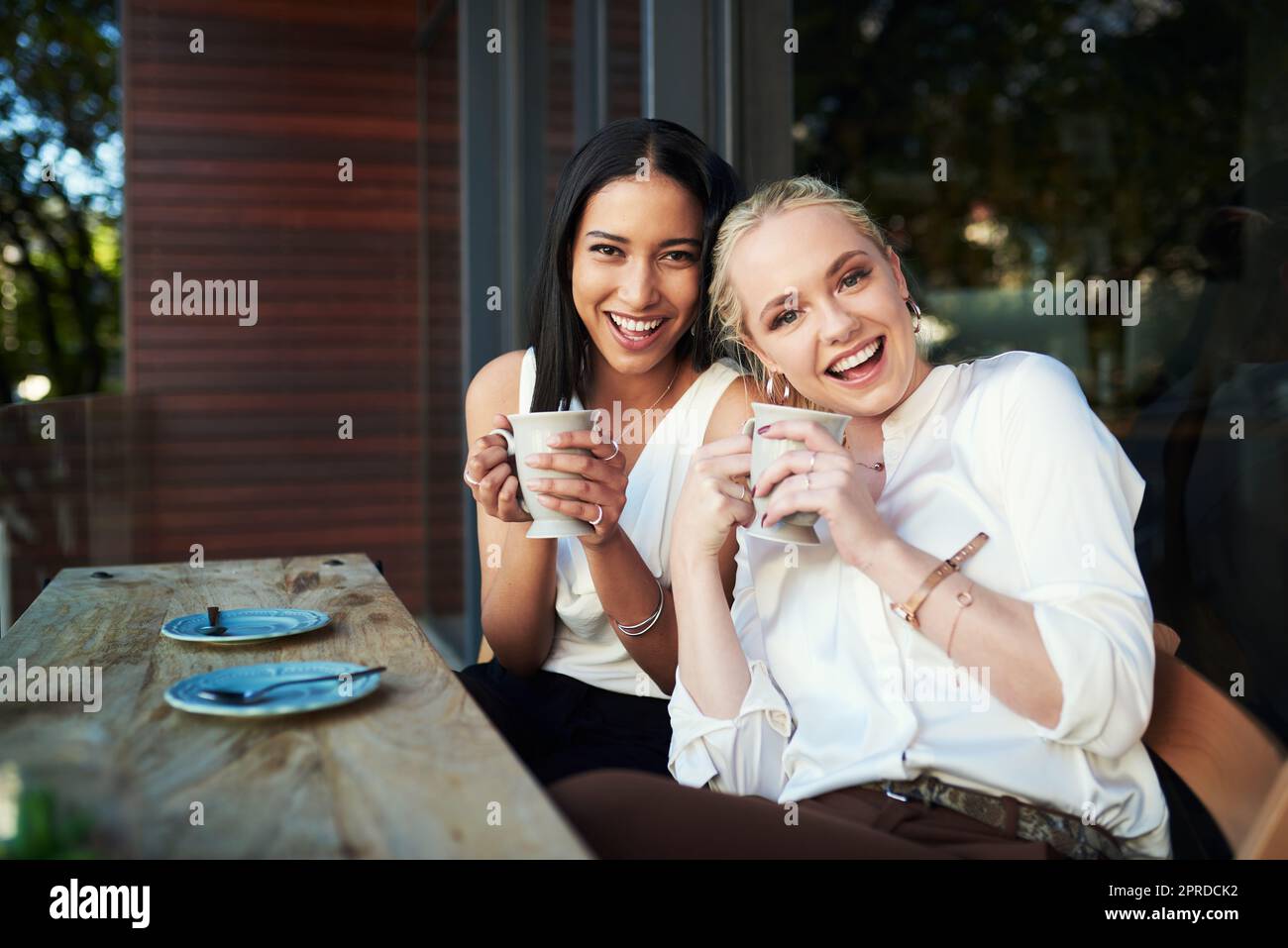 Le café nous a permis du faire. Deux jeunes femmes qui s'amusent les unes aux autres tout en prenant un café dans un café. Banque D'Images