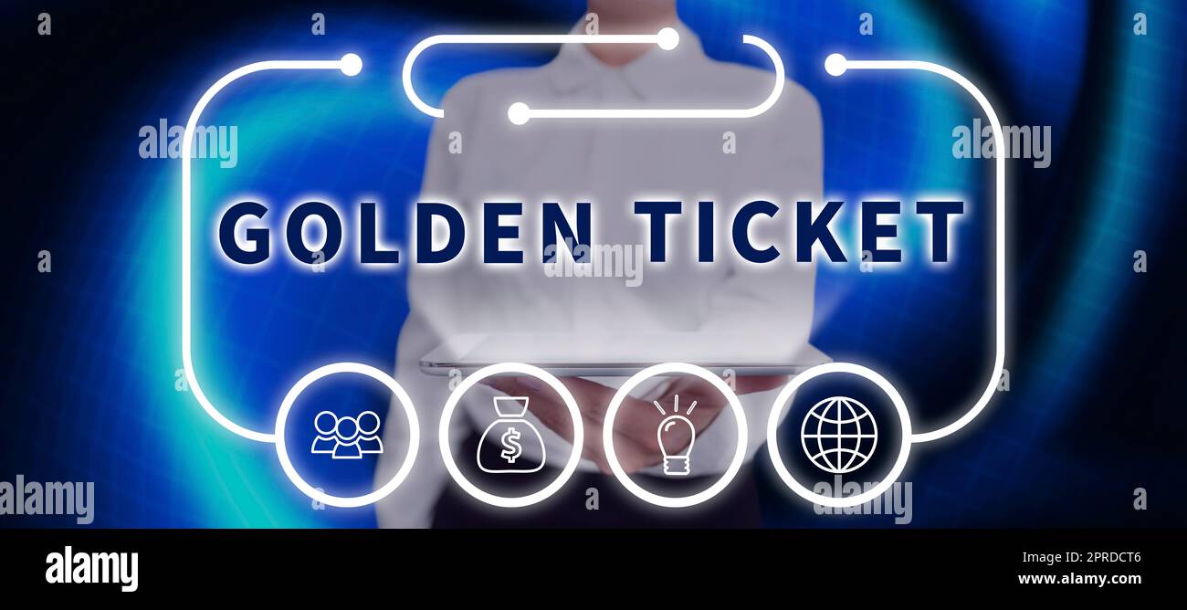 Légende du texte présentant le Golden Ticket. Approche commerciale accès Rain Check VIP Passport Box Office Seat Event Businesswoman tenant Une tablette avec affichage numérique de S et de données. Banque D'Images
